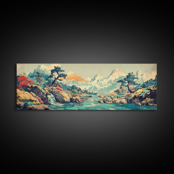 Turquoise River Waterfall And Snowy Pines Framed Canvas Print, Japanese Landscape Art, Mountain Wall Decor, Living Room Decor