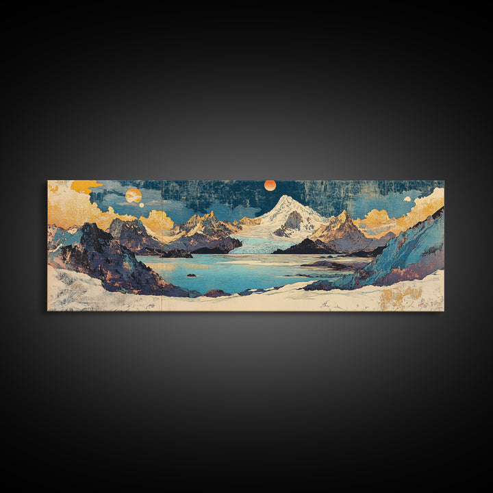 Snowy Peak And Moonlit Lake Canvas Print, Japanese Mountain Landscape, Blue Gold Wall Art, Wide Horizontal Living Room Decor