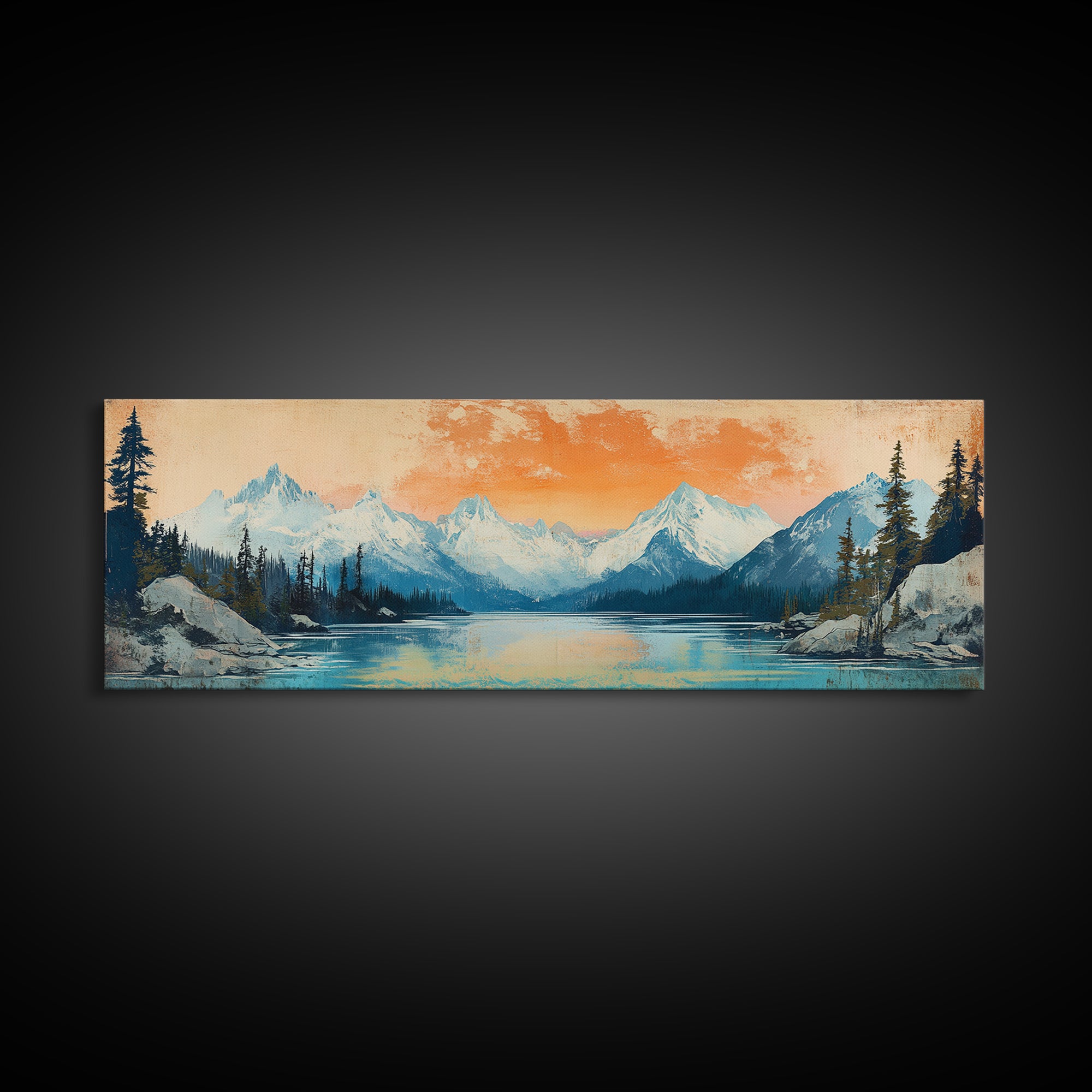 Orange Sunset Alpine Lake Wall Art, Snowy Mountain Landscape Print, Rustic Cabin Decor, Large Horizontal Canvas Home Decor