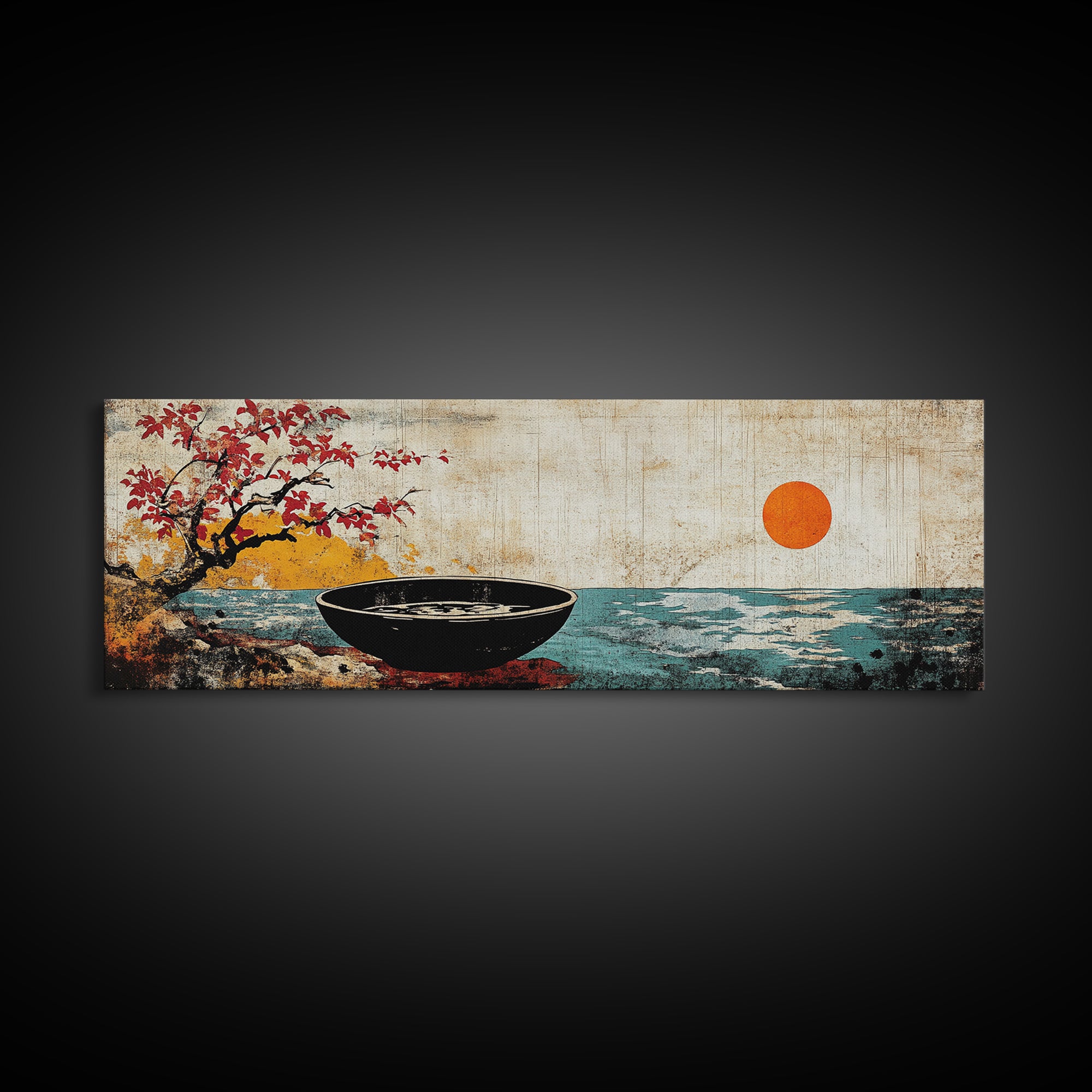 Zen Bowl By Ocean With Red Sun Framed Canvas Print, Japanese Coastal Wall Art, Cherry Blossom Decor, Meditation Room Art