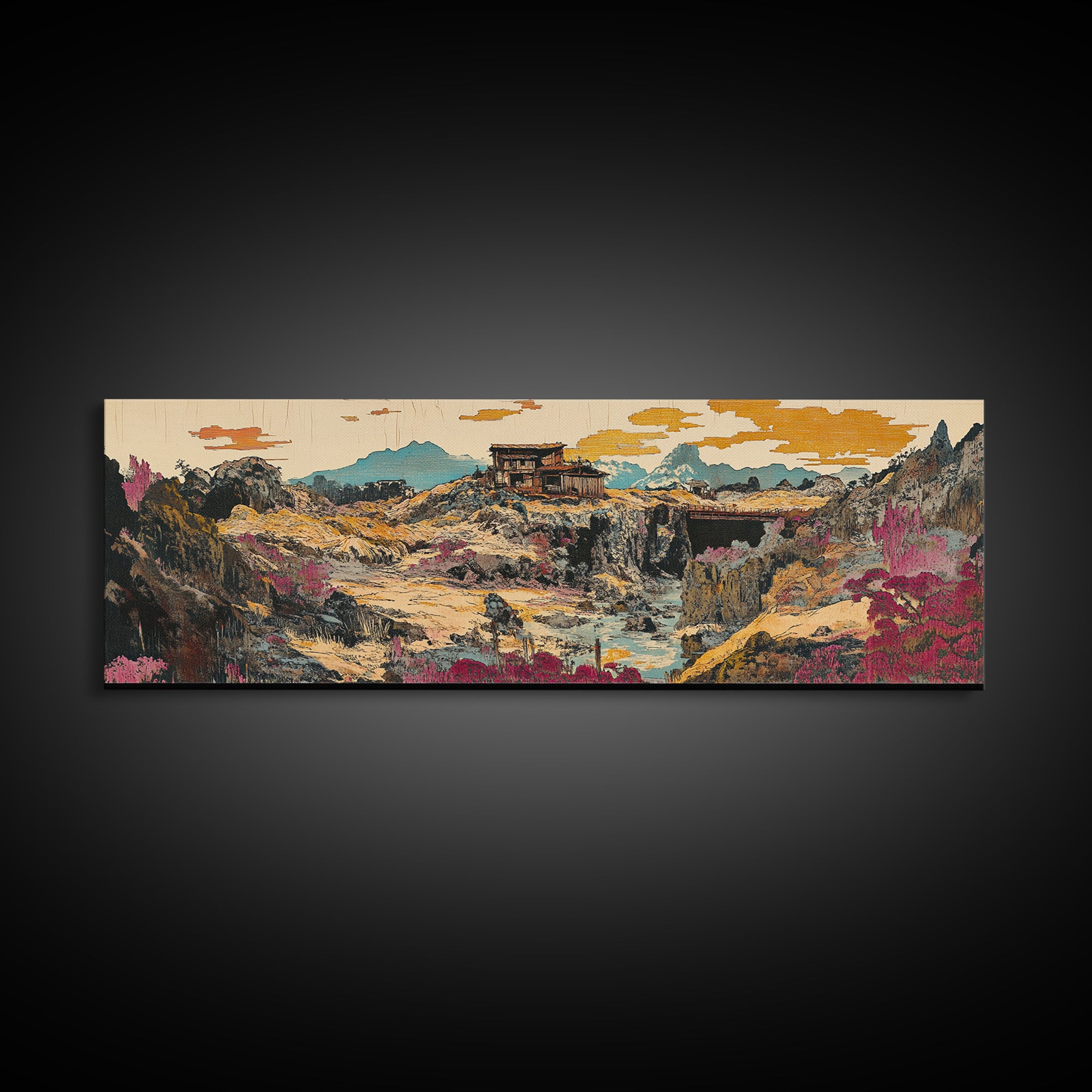 Desert Canyon Cabin And Pink Wildflowers Wall Art, Southwestern Landscape Canvas, Modern Rustic Decor, Earth Tone Home Decor