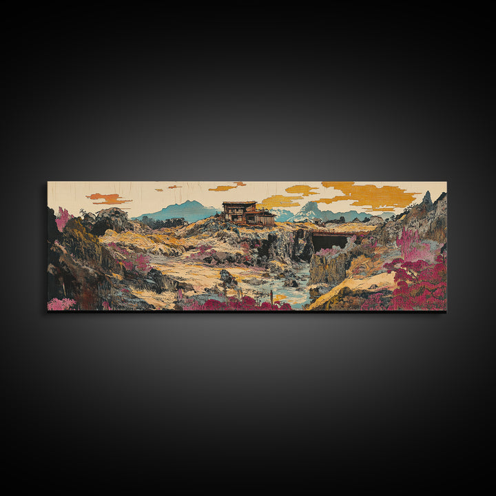 Desert Canyon Cabin And Pink Wildflowers Wall Art, Southwestern Landscape Canvas, Modern Rustic Decor, Earth Tone Home Decor