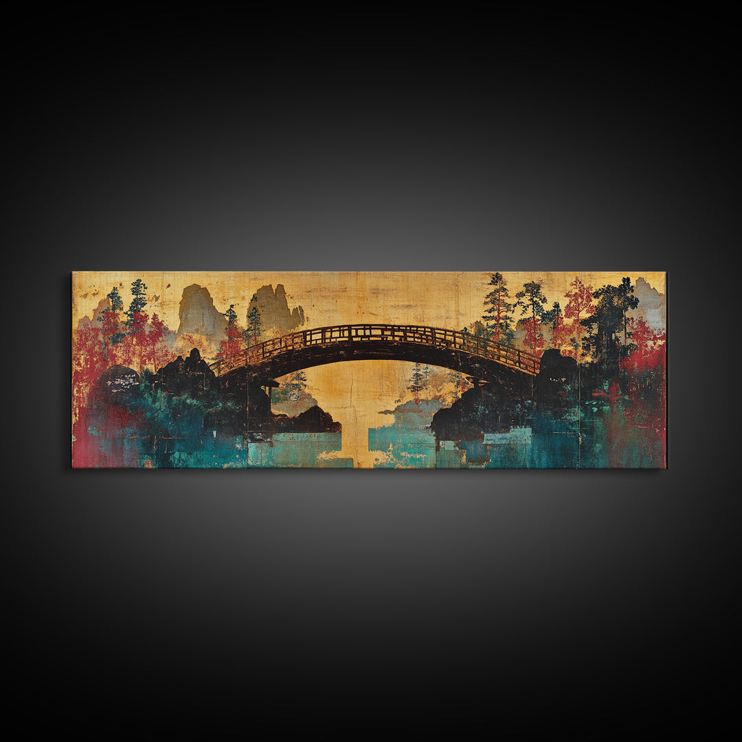 Arched Bridge Over Autumn River Canvas Print, Japanese Garden Landscape, Japandi Wall Art, Tranquil Living Room Wall Decor
