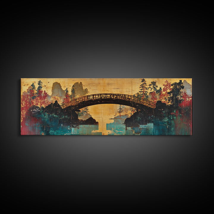 Arched Bridge Over Autumn River Canvas Print, Japanese Garden Landscape, Japandi Wall Art, Tranquil Living Room Wall Decor