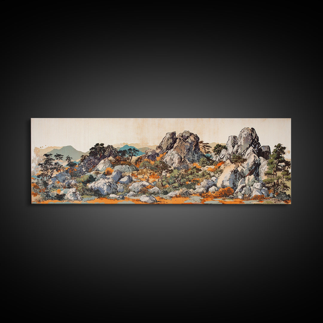 Rock Garden With Pines And Orange Moss Framed Canvas Print, Japanese Landscape Wall Art, Zen Nature Decor, Wide Wall Decor