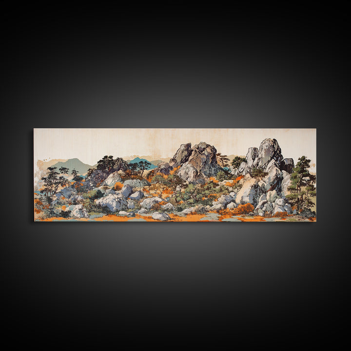 Rock Garden With Pines And Orange Moss Framed Canvas Print, Japanese Landscape Wall Art, Zen Nature Decor, Wide Wall Decor