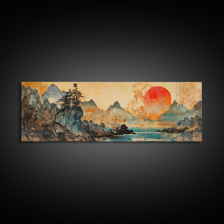 Red Sun Mountain Lake Canvas Print, Japanese Landscape Wall Art, Panoramic Coastal Decor, Large Living Room Art, Above Sofa Art