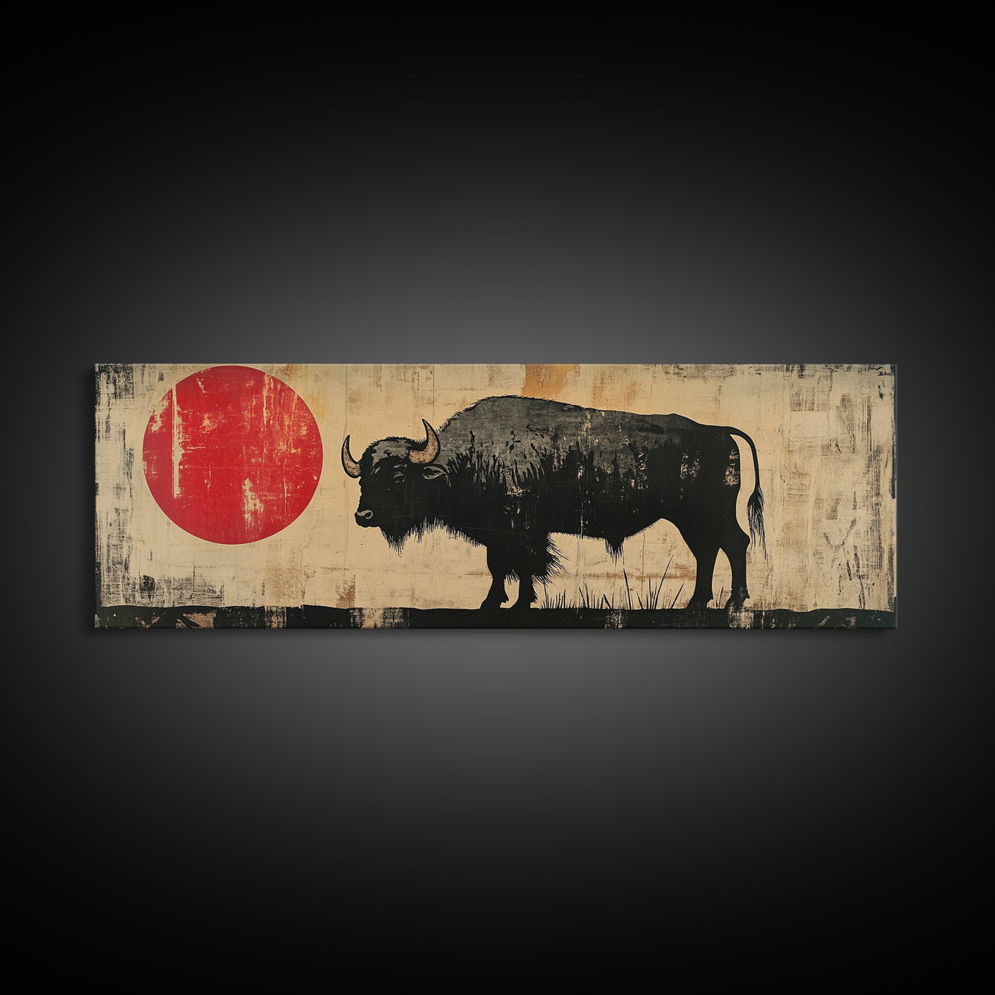 Black Bison Red Sun Framed Canvas Print, Western Wall Art, Rustic Home Decor, Large Horizontal Living Room Art, Gift For Him
