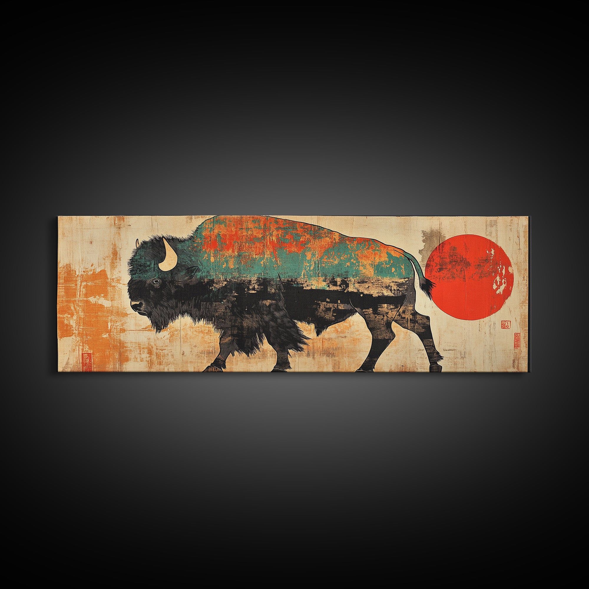 Turquoise Bison Red Sun Canvas Print, Southwestern Wall Art, Western Home Decor, Rustic Statement Living Room Art, Large Wall Decor