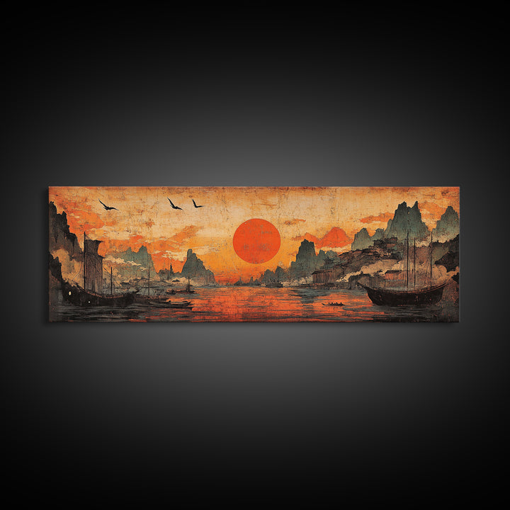 Orange Sunset Harbor Wall Art, Asian Landscape Canvas Print, Coastal Seascape Decor, Panoramic Living Room Art, Above Sofa Art