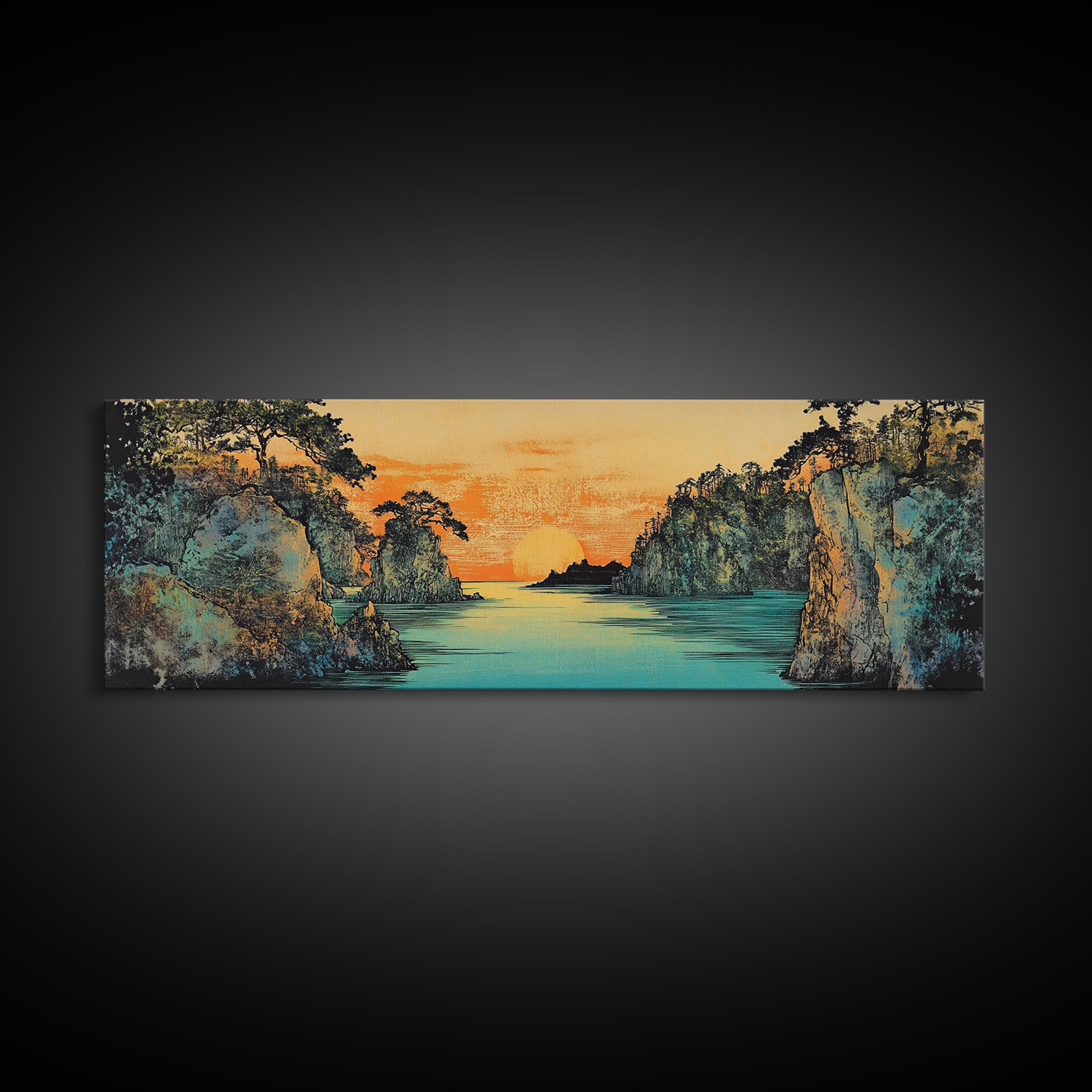 Teal River Canyon Sunset Framed Canvas Print, Coastal Landscape Wall Art, Japandi Decor, Panoramic Above Sofa Art For Living Room Decor