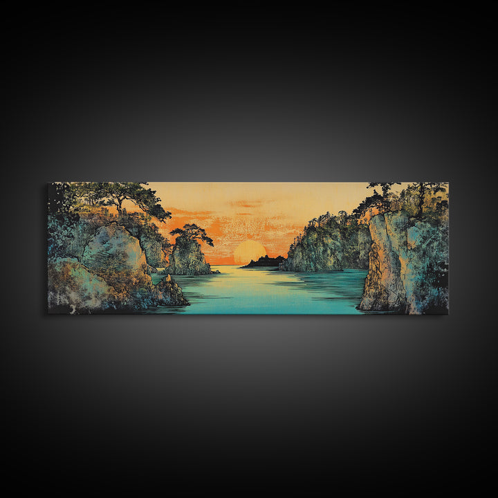 Teal River Canyon Sunset Framed Canvas Print, Coastal Landscape Wall Art, Japandi Decor, Panoramic Above Sofa Art For Living Room Decor