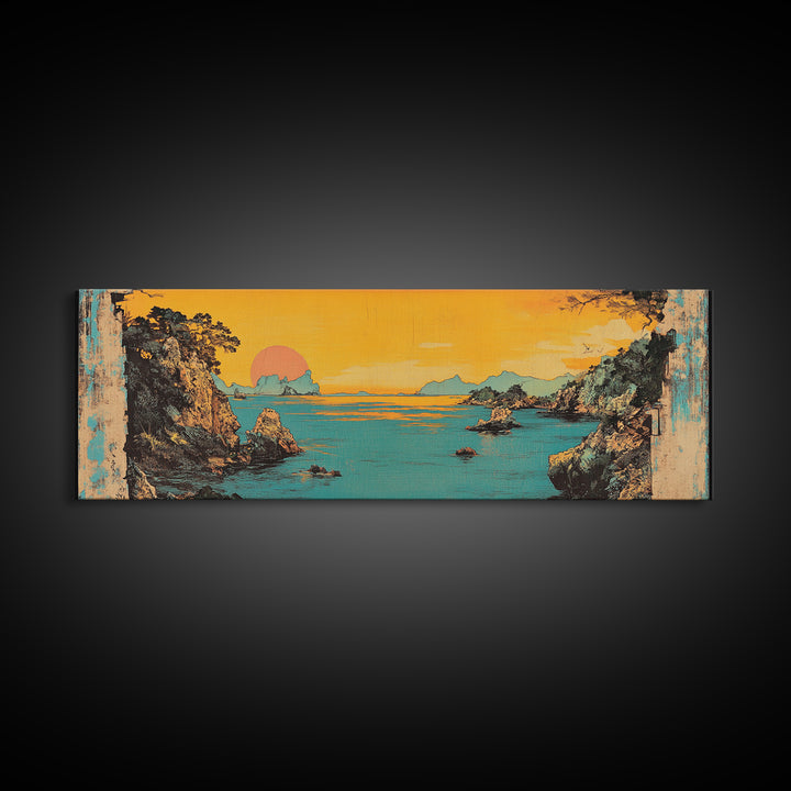 Turquoise Sea Cliff Sunset Canvas Print, Coastal Wall Art, Japanese Landscape Decor, Panoramic Beach House Wall Decor, Large Art