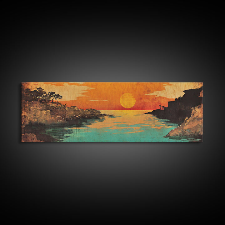 Orange Sunset River Inlet Wall Art, Japanese Coastal Canvas Print, Tranquil Landscape Decor, Above Bed Living Room Art, Large Art