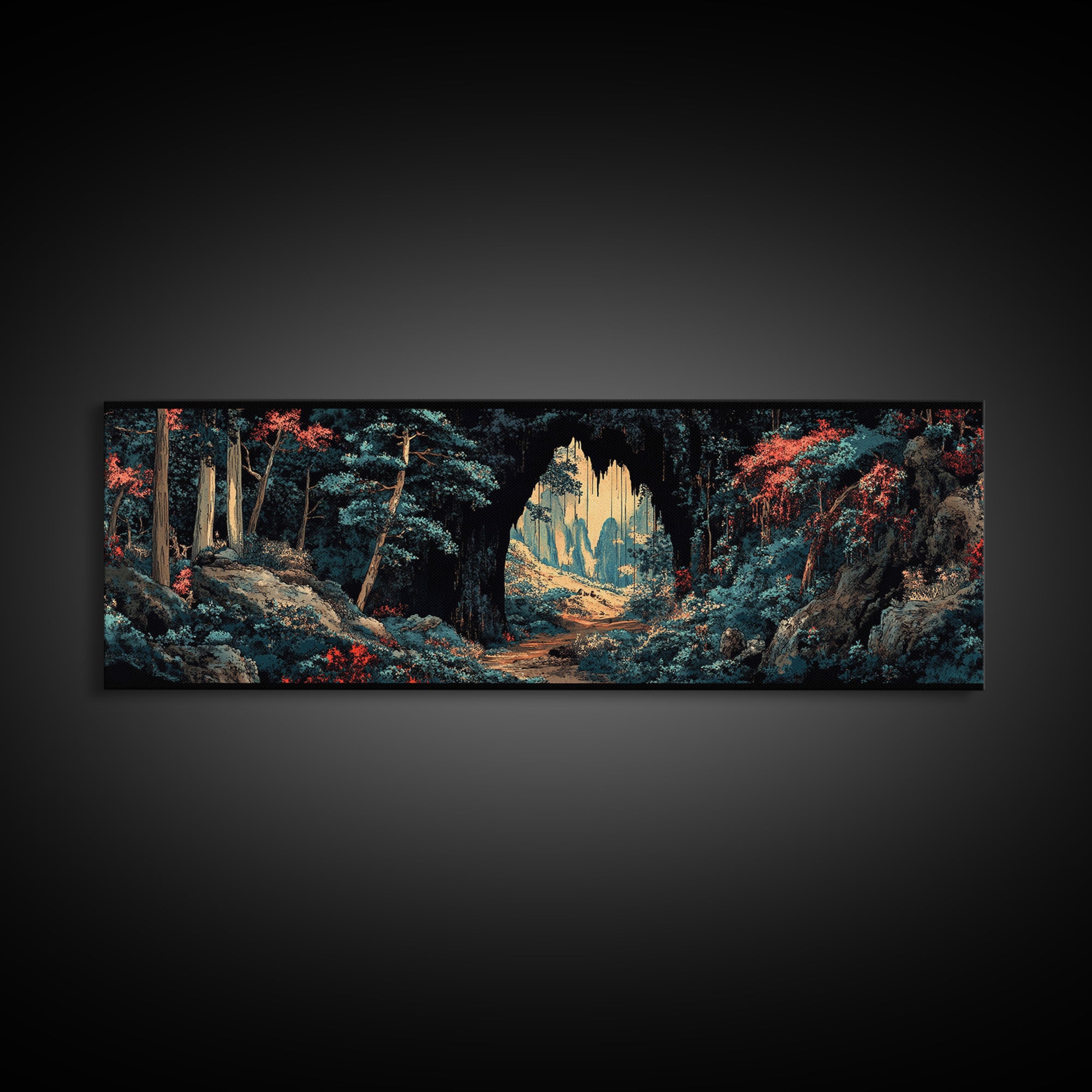 Dark Forest Cave Path Canvas Print, Moody Landscape Wall Art, Fantasy Woodland Decor, Panoramic Statement Living Room Art
