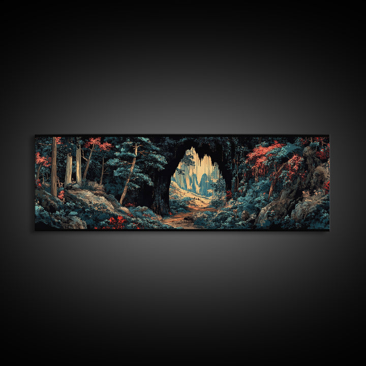 Dark Forest Cave Path Canvas Print, Moody Landscape Wall Art, Fantasy Woodland Decor, Panoramic Statement Living Room Art