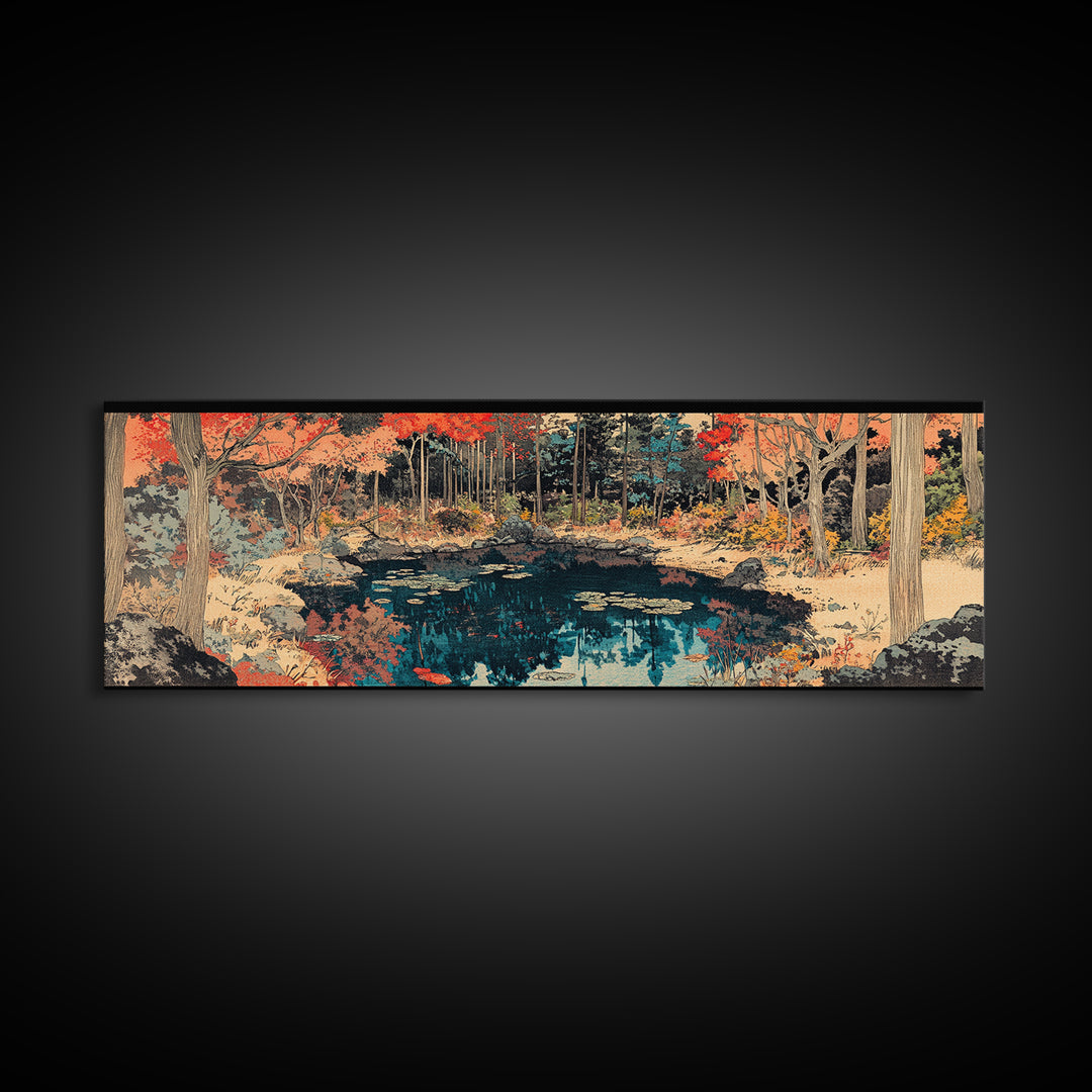 Autumn Forest Pond Reflection Wall Art, Japanese Landscape Canvas, Rustic Nature Decor, Panoramic Living Room Print For Home Decor