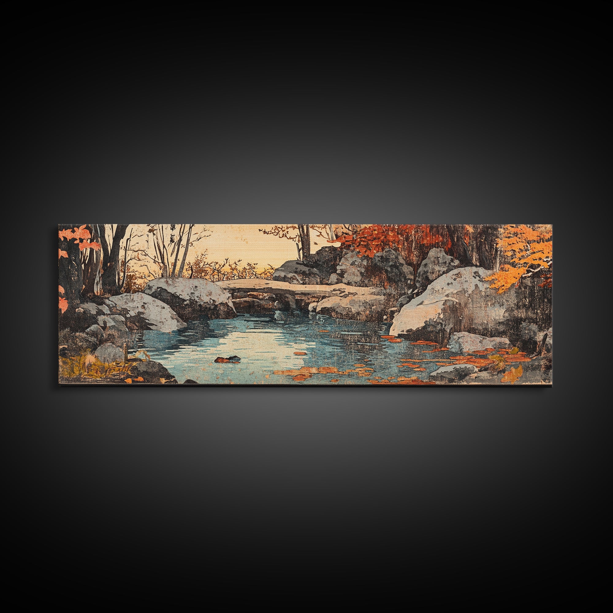 Autumn Rocky Creek Canvas Print, Japanese Landscape Painting, Rustic Nature Wall Decor, Panoramic Living Room Art, Home Decor