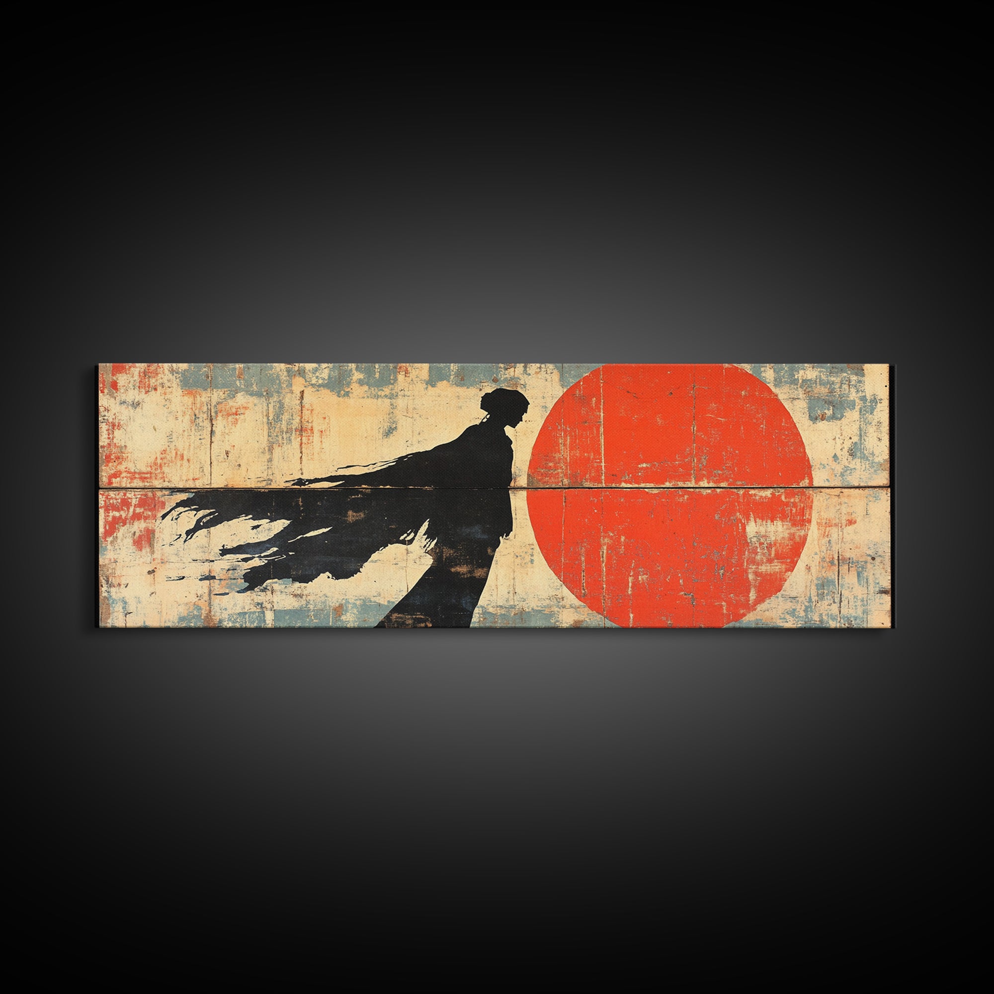 Shadow Samurai Red Sun Wall Art, Japanese Warrior Canvas, Dark Fantasy Decor, Bold Panoramic Office And Living Room Print