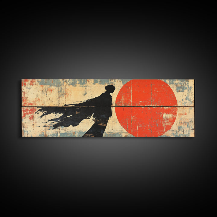 Shadow Samurai Red Sun Wall Art, Japanese Warrior Canvas, Dark Fantasy Decor, Bold Panoramic Office And Living Room Print