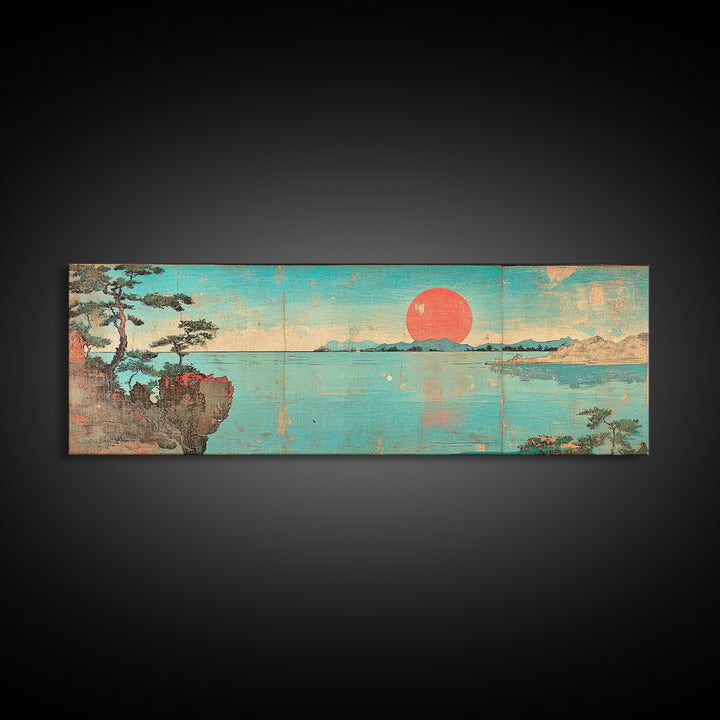 Turquoise Japanese Sea Sunset Framed Canvas Print, Coastal Landscape Wall Decor, Minimalist Panoramic Living Room Art Print