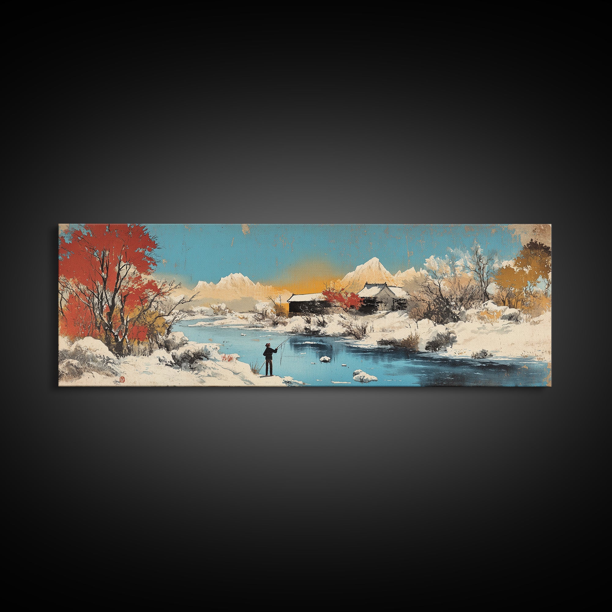 Snowy Mountain Village Wall Art, Japanese Winter Landscape Canvas, Serene Nature Decor, Panoramic Living Room Art Print For Home Decor