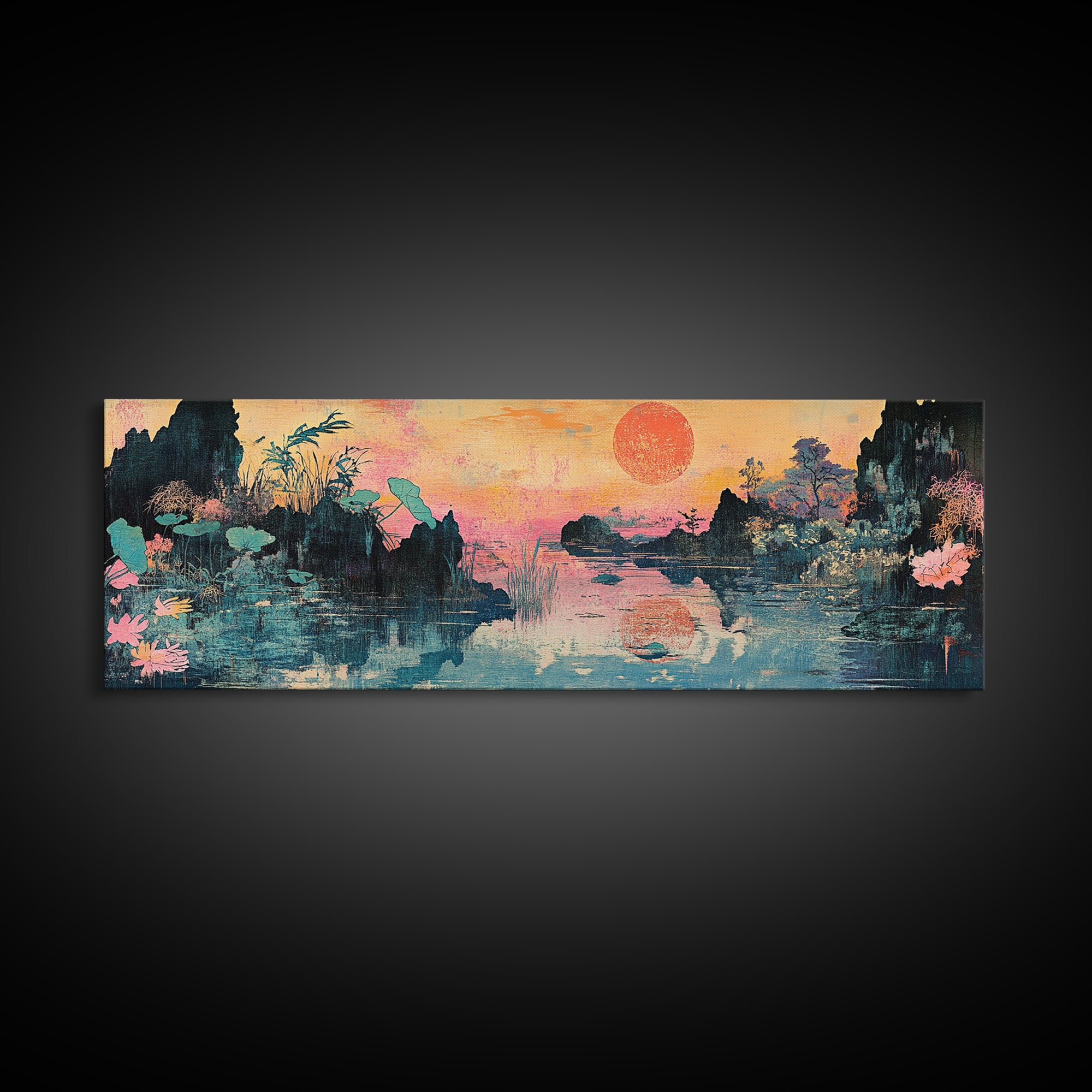 Lotus Lake Sunset With Red Sun And Mountains Wall Art, Japanese Landscape Canvas Print, Japandi Decor, Panoramic Wall Decor
