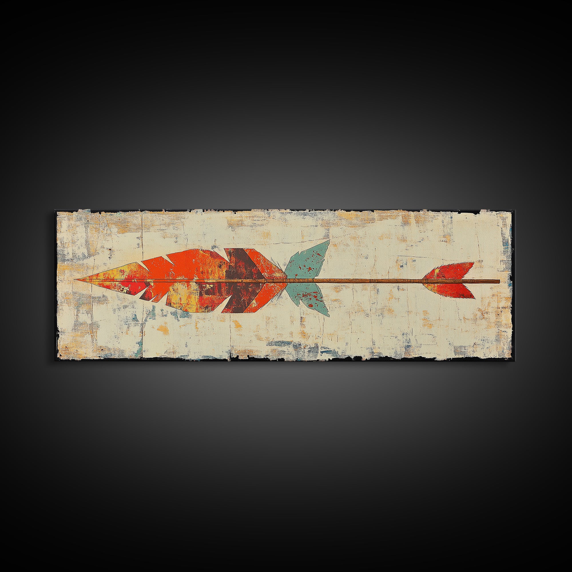 Rustic Painted Arrow With Red Feathers Wall Art, Southwestern Canvas Print, Boho Western Decor, Long Horizontal Art Print