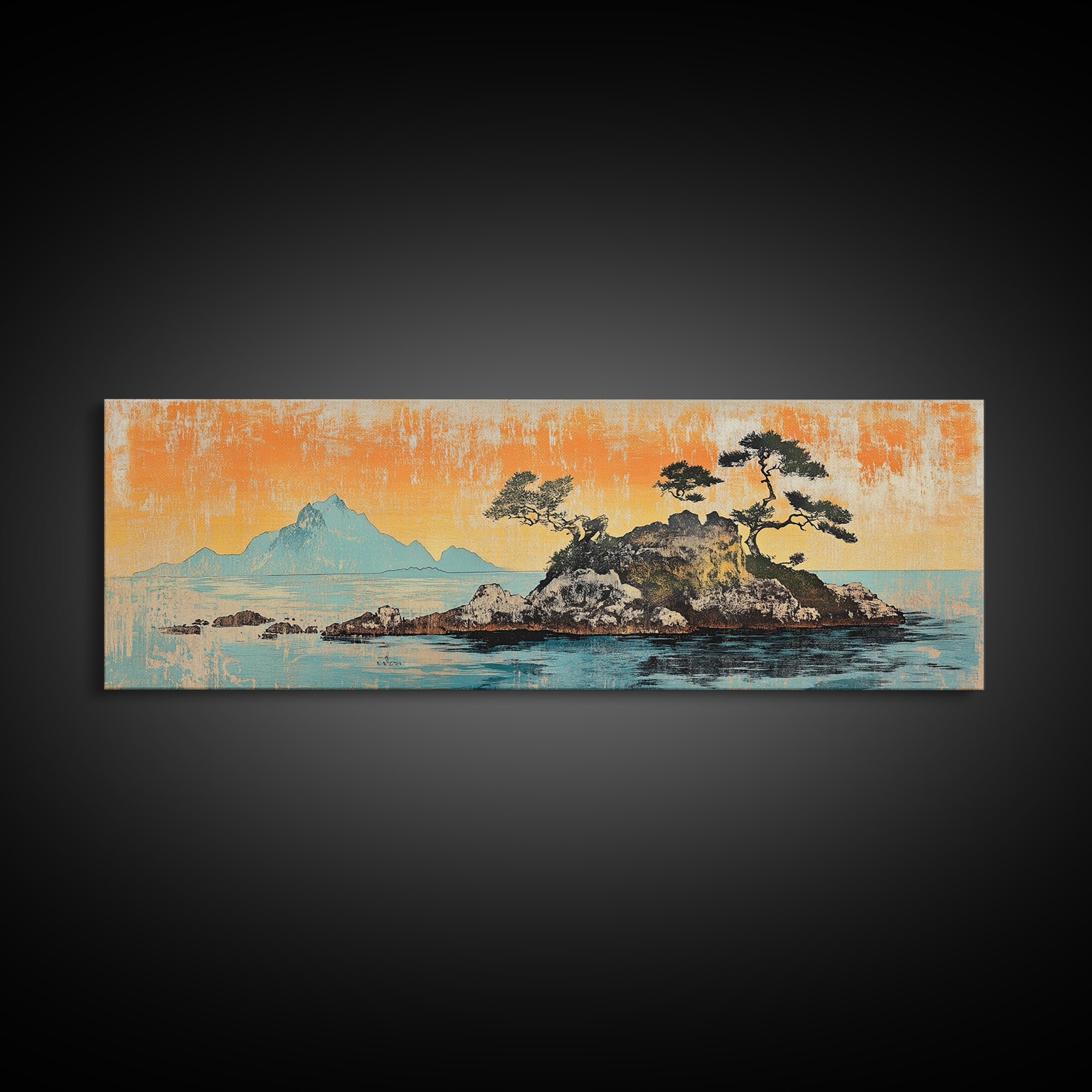 Rocky Island Pines On Calm Sea Wall Art, Japanese Coastal Landscape Canvas Print, Orange Sunset Decor, Wide Panoramic Art