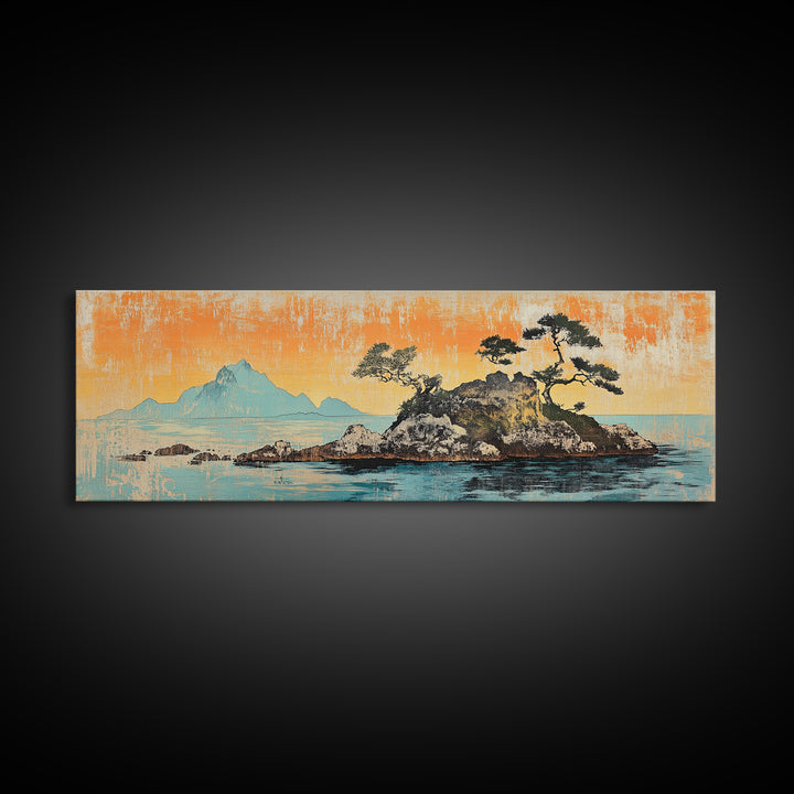 Rocky Island Pines On Calm Sea Wall Art, Japanese Coastal Landscape Canvas Print, Orange Sunset Decor, Wide Panoramic Art