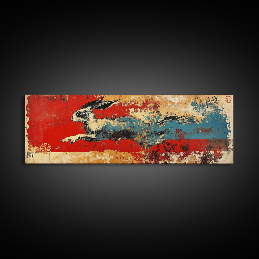 Running Hare Over Red And Blue Brushstrokes Wall Art, Japanese Rabbit Canvas Print, Whimsical Animal Decor, Bold Wall Decor