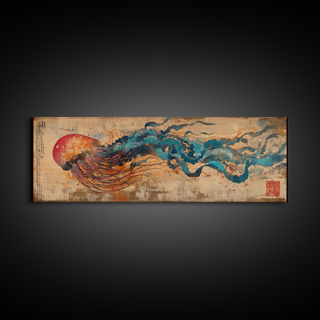 Abstract Jellyfish With Red Sun And Blue Waves Wall Art, Japanese Ocean Canvas Print, Marine Life Decor, Statement Artwork