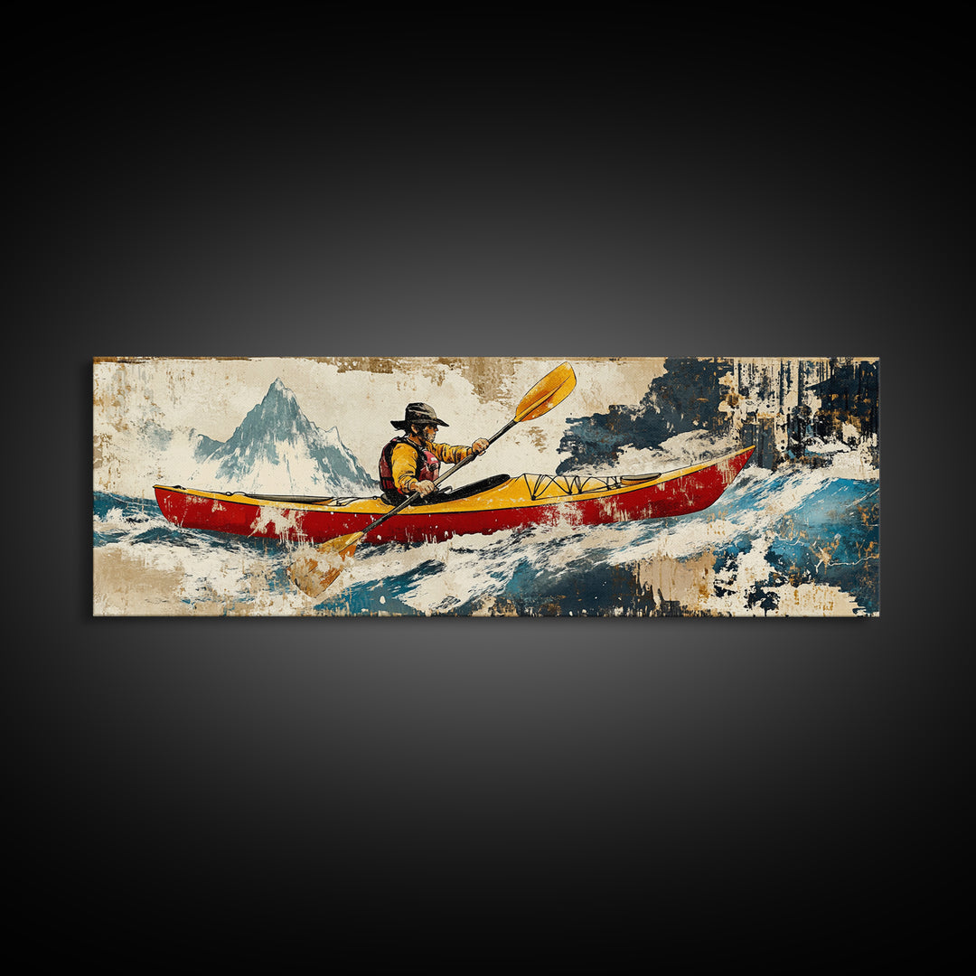 Red Canoe Kayaker In Whitewater Mountains Wall Art, Adventure Landscape Canvas Print, Lake House Decor, Cabin Wall Decor
