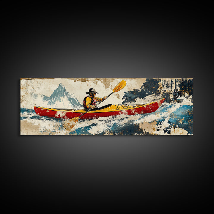 Red Canoe Kayaker In Whitewater Mountains Wall Art, Adventure Landscape Canvas Print, Lake House Decor, Cabin Wall Decor
