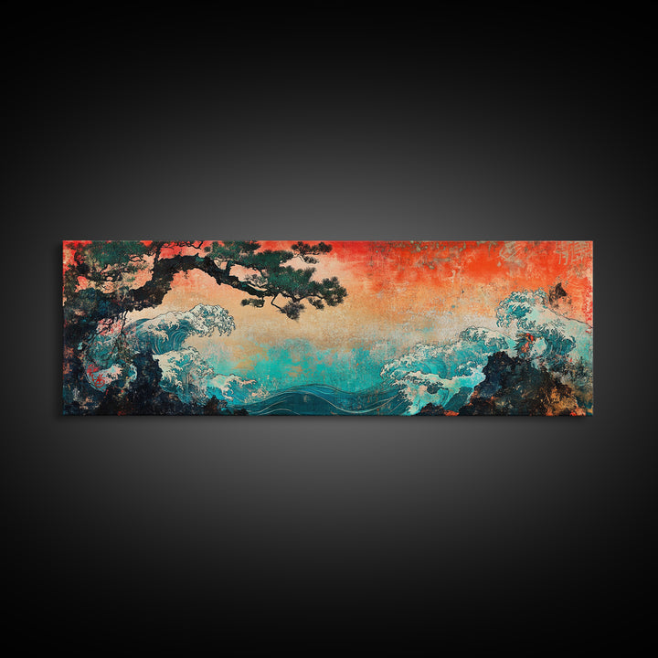 Stormy Teal Ocean Waves And Pine Branch Wall Art, Japanese Seascape Canvas Print, Coastal Decor, Long Horizontal Art, Living Room Decor