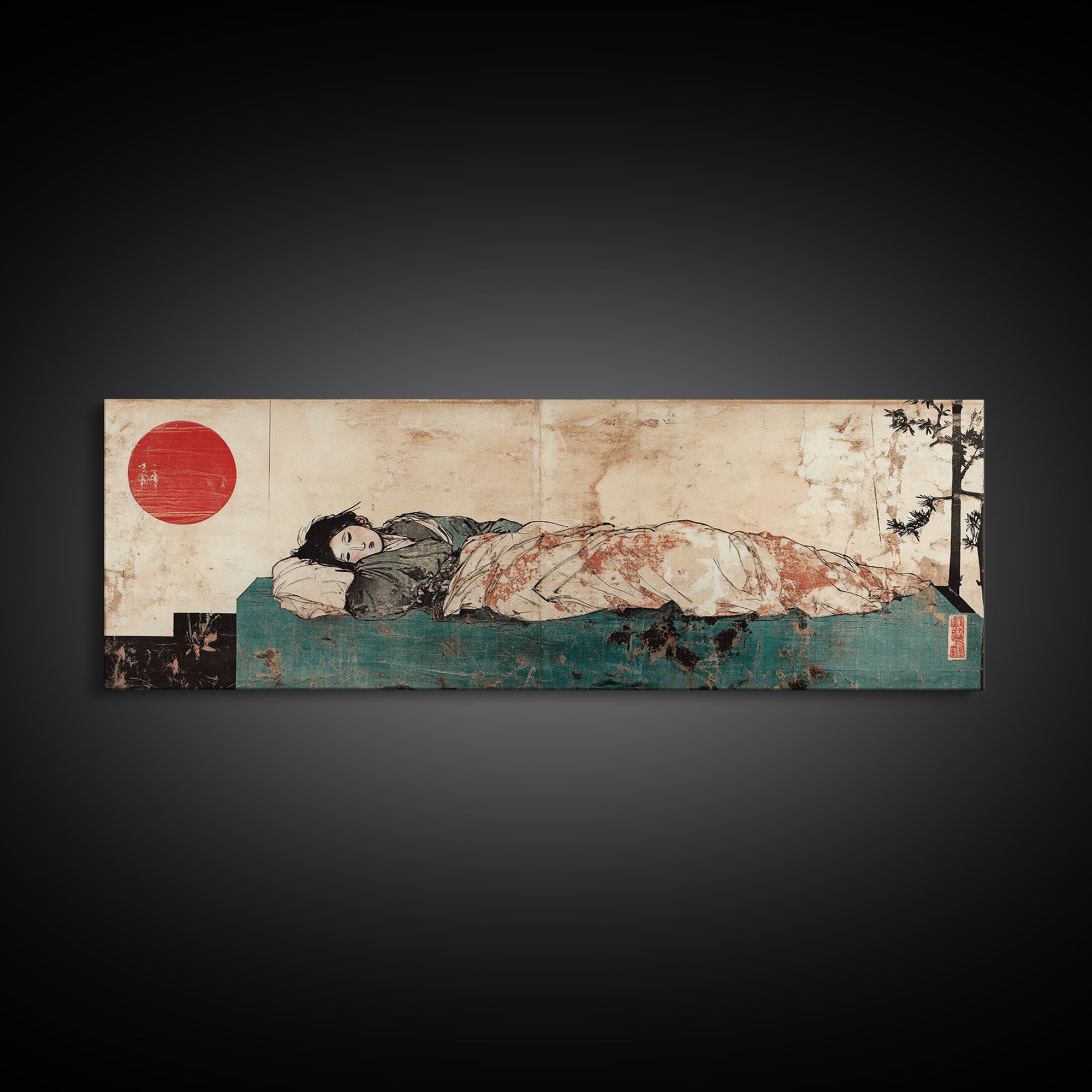 Sleeping Woman Under Floral Quilt Canvas Print, Japanese Bedroom Wall Art, Red Sun Decor, Serene Minimalist Art, Japandi Home Decor