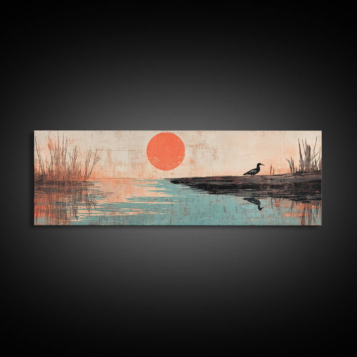 Red Sun Over Still Lake And Lone Bird Wall Art, Japanese Landscape Canvas Print, Peaceful Nature Decor, Wide Wall Art, Zen Decor