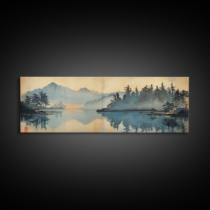 Misty Blue Mountain Lake And Pine Forest Wall Art, Japanese Landscape Canvas Print, Nature Decor, Calming Living Room Art