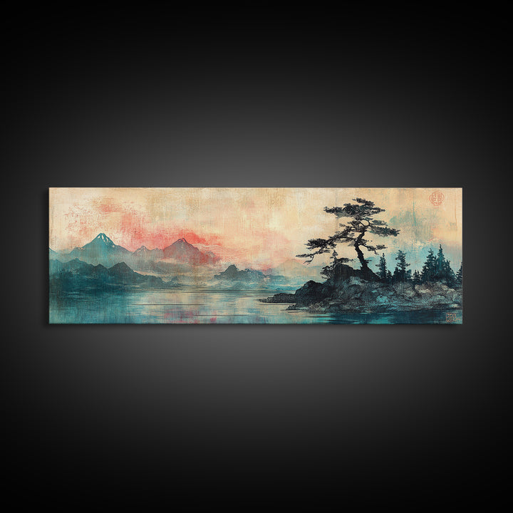 Red Mist Mountains With Lone Pine Wall Art, Japanese Landscape Canvas Print, Moody Nature Decor, Panoramic Living Room Art