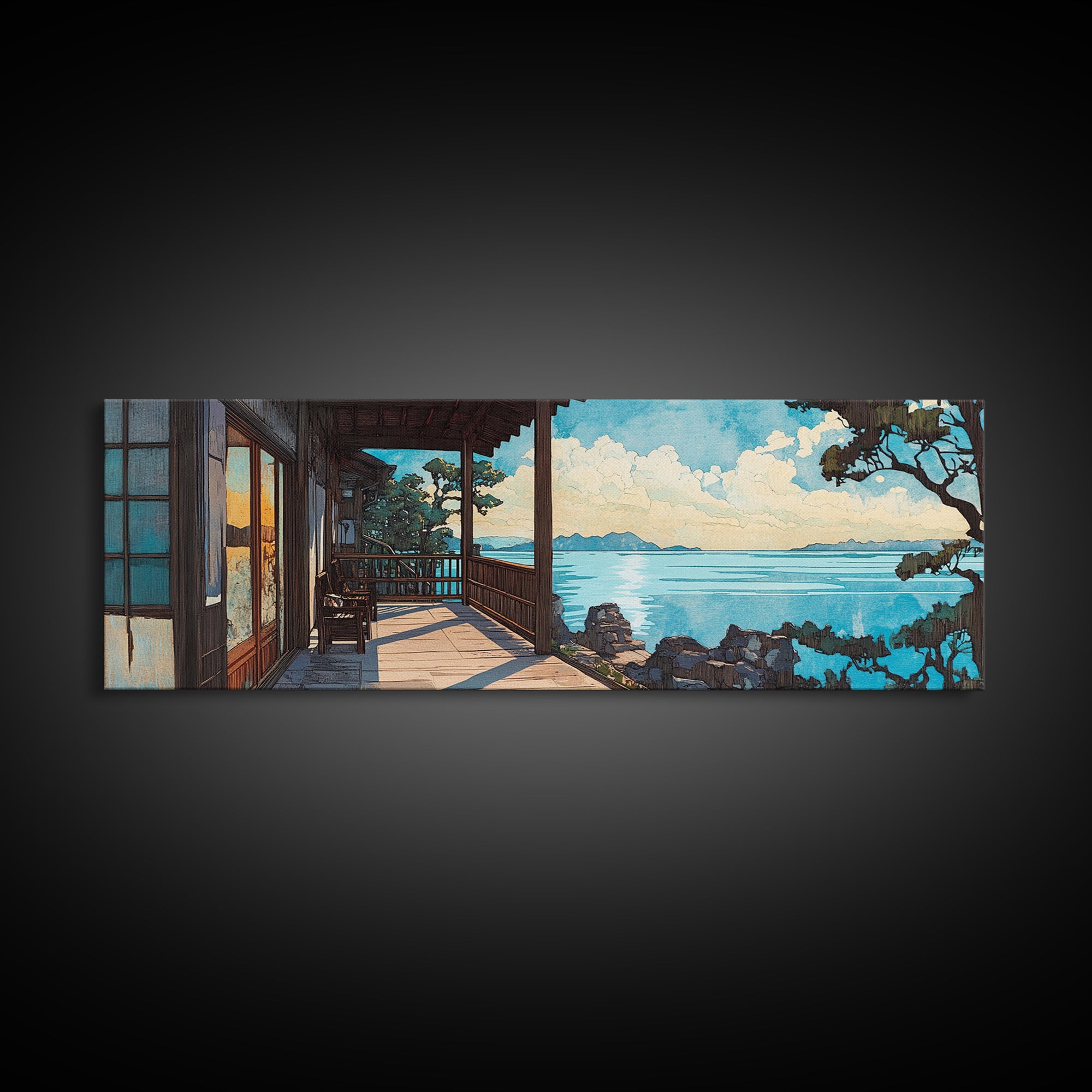 Sunny Japanese Veranda Over Blue Sea Canvas Print, Coastal Wall Art, Beach House Decor, Japandi Living Room Wall Art, Home Decor