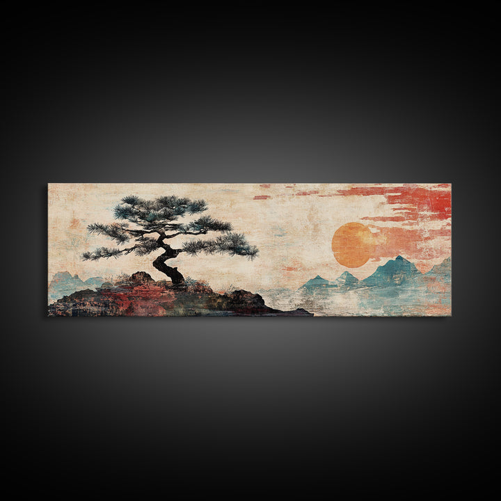Solitary Pine And Orange Sun Wall Art, Japanese Mountain Landscape Canvas Print, Zen Decor, Minimalist Nature Wall Art, Japandi Decor