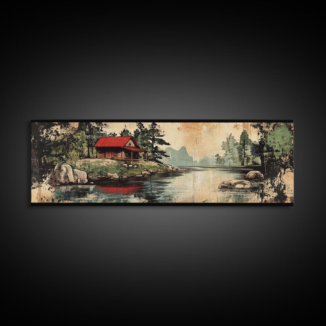Rustic Red Roof Cabin Beside Forest Lake Framed Canvas Print, Mountain Landscape Wall Art, Cabin Decor, Housewarming Gift