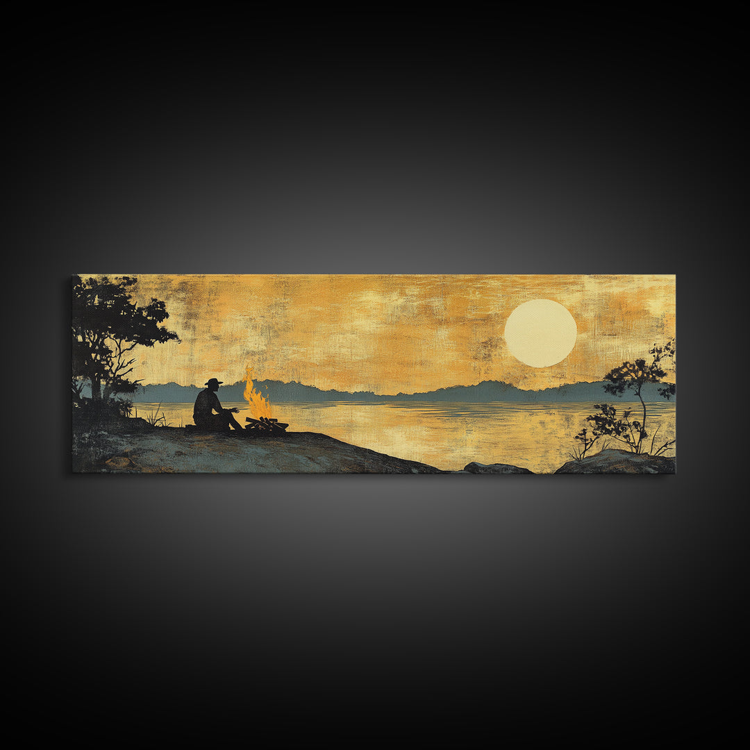 Lakeside Campfire Silhouette Under Golden Sunset Wall Art, Rustic Cabin Canvas Print, Nature Landscape, Lake House Decor, Gift For Him