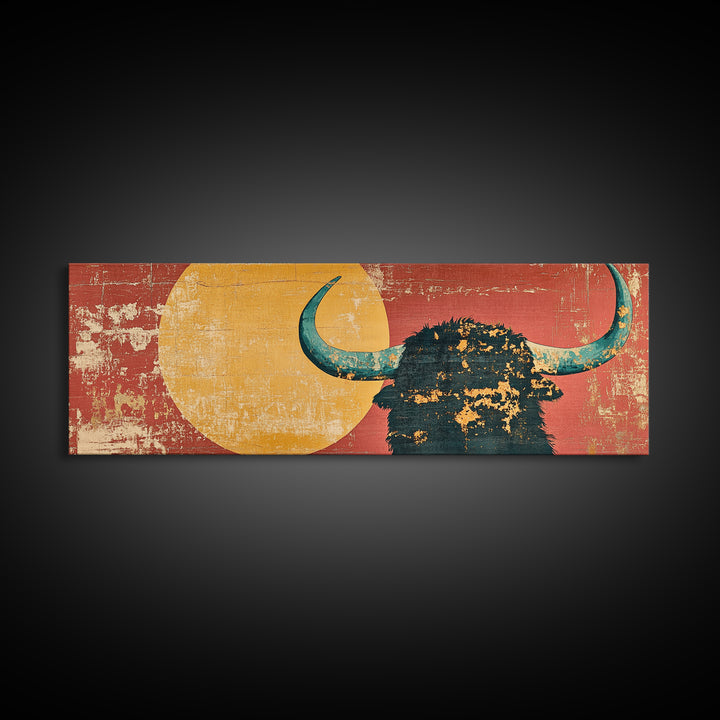 Bold Highland Cow Silhouette With Turquoise Horns Canvas Print, Western Wall Art, Rustic Home Decor, Southwestern Gift For Him