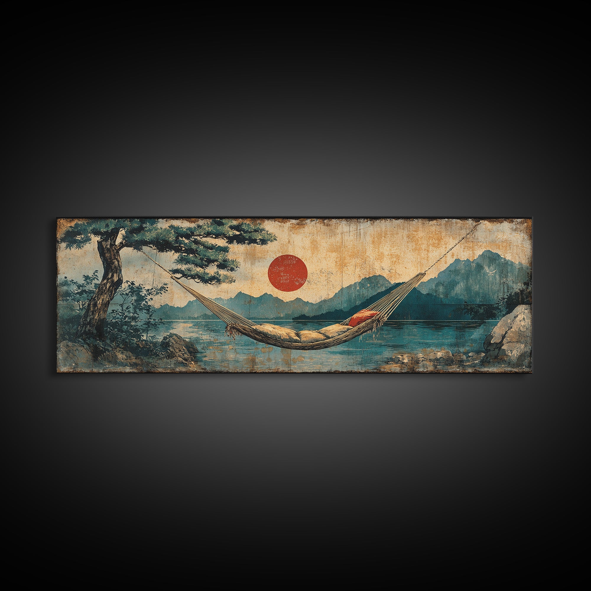 Mountain Lake Hammock Beneath Red Sun Wall Art, Japandi Landscape Canvas Print, Tranquil Zen Decor, Above Bed Art, Living Room Decor