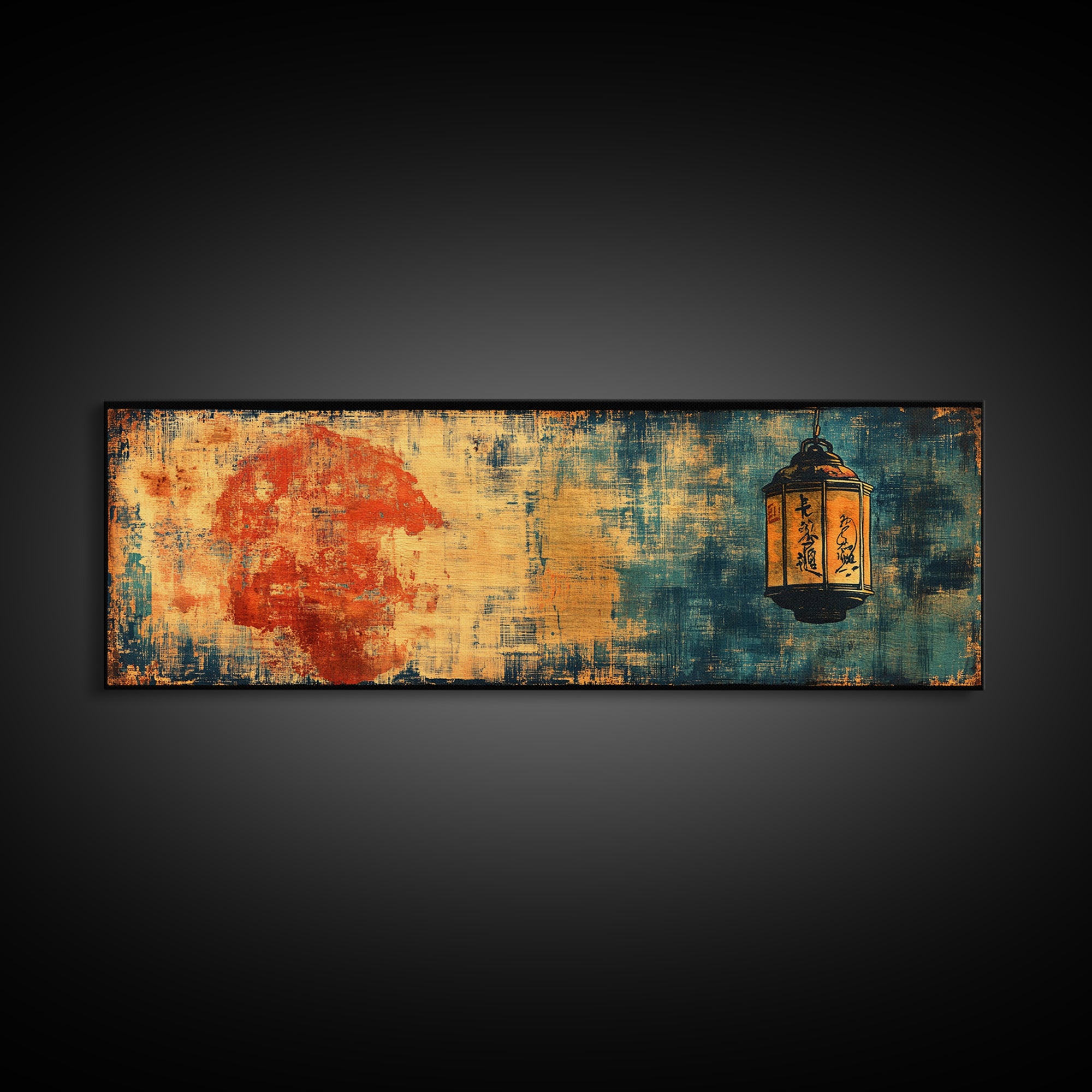 Red Sun And Hanging Lantern On Blue Textured Wall Art, Asian Inspired Canvas Print, Japanese Decor, Moody Abstract Art Print