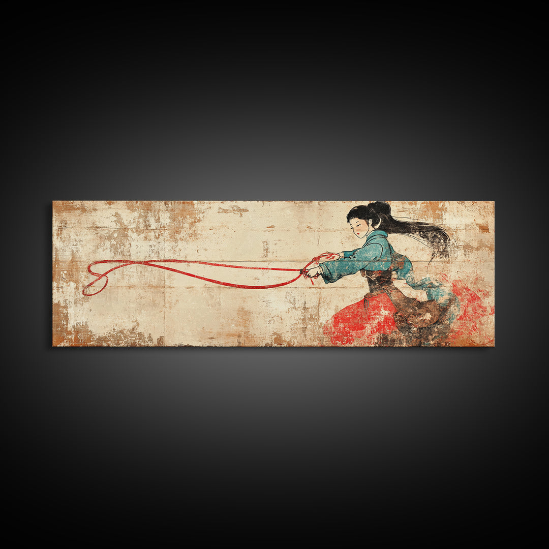 Asian Warrior Woman With Flowing Red Ribbon Canvas Print, Martial Arts Wall Art, Strong Female Art, Japanese Decor Gift For Her