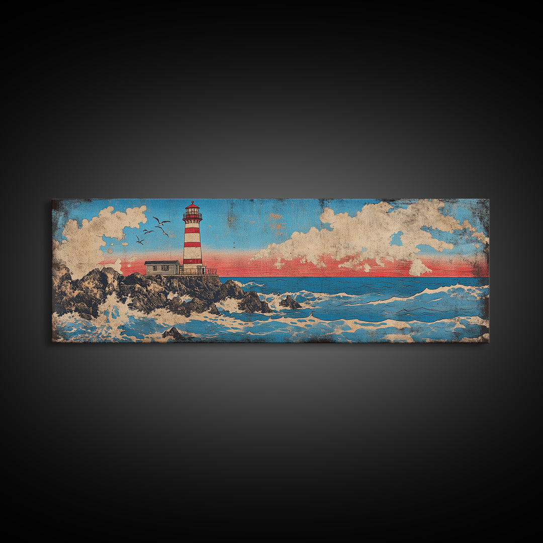 Striped Lighthouse On Rocky Shore With Ocean Waves Wall Art, Nautical Canvas Print, Coastal Decor, Beach House Gift, Seascape Art