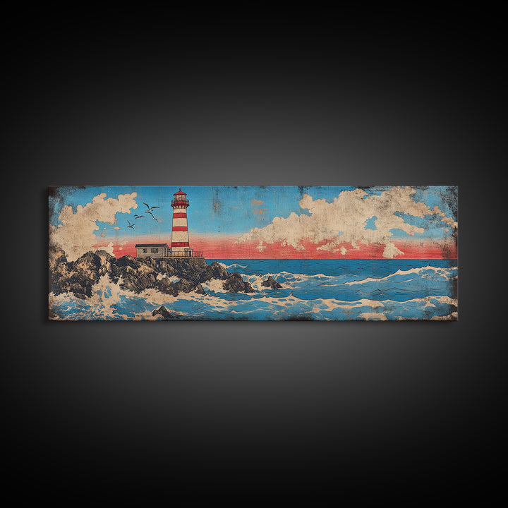 Striped Lighthouse On Rocky Shore With Ocean Waves Wall Art, Nautical Canvas Print, Coastal Decor, Beach House Gift, Seascape Art