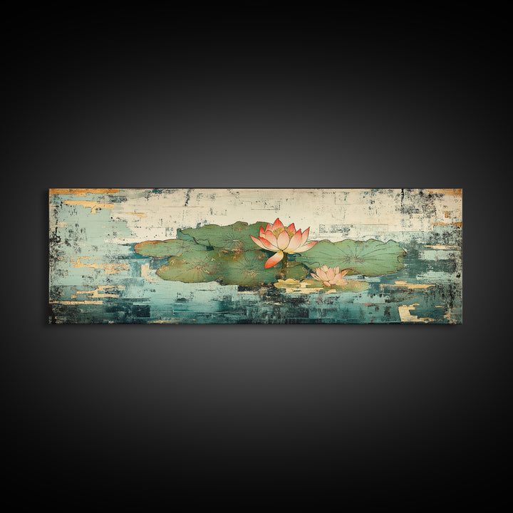 Lotus Pond Water Lily Wall Art, Asian Botanical Canvas Print, Japandi Zen Home Decor, Tranquil Nature Gift For Her, Living Room Decor